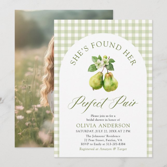 Modern Green Gingham Perfect Pair Bridal Shower Invitation (Front/Back)