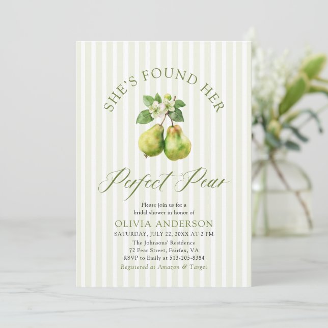 Modern Green Gingham Perfect Pear Bridal Shower Invitation (Standing Front)