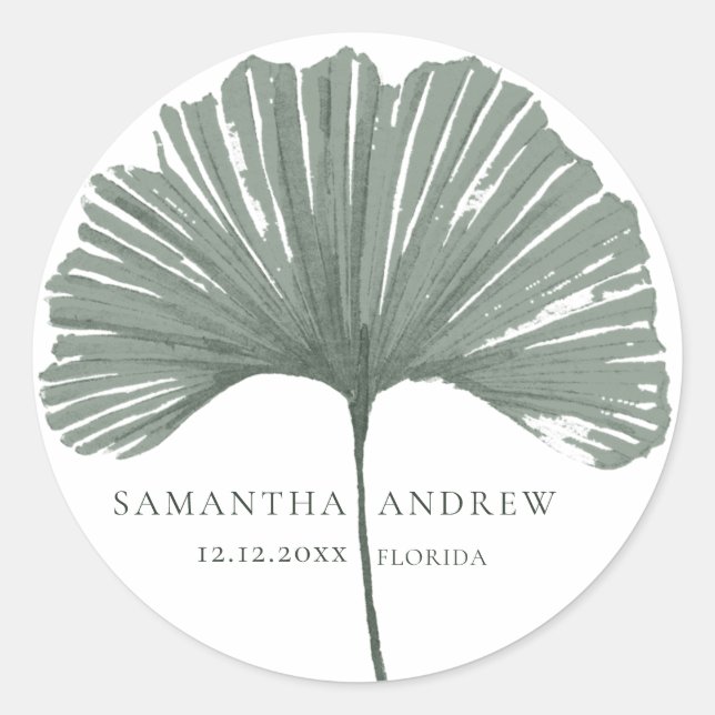 Modern Green Ginkgo Monogram Wedding Classic Round Sticker (Front)