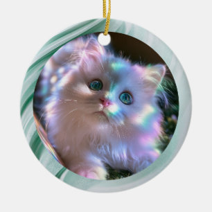 Modern Green Glassy Swirl Kitten Photo Ceramic Ornament