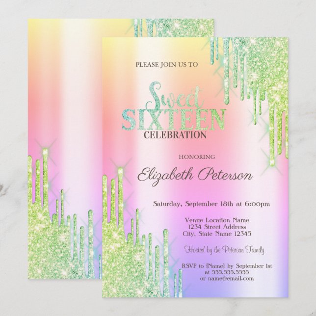 Modern Green Glitter Drips Ombre Sweet 16 Invitation (Front/Back)