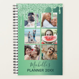 Modern Green Glitter Drips Photo Collage Daily Planner