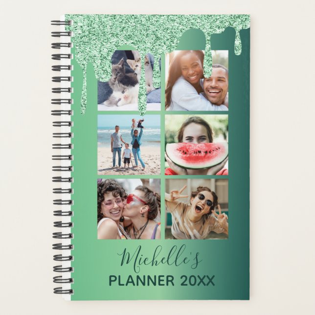 Modern Green Glitter Drips Photo Collage Daily Planner (Front)