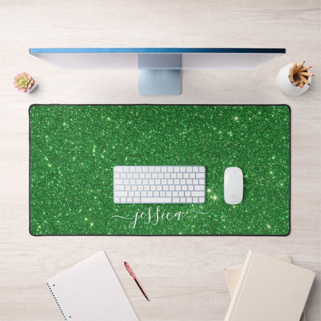 Modern green glitter script name desk mat (Office 1)