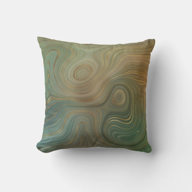 Modern Green Gold Abstract Swirls Throw Pillow (Front)