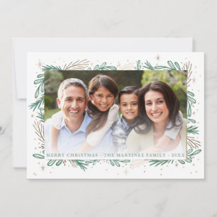 Modern Green Gold Botanical Photo Chistmas Holida Holiday Card