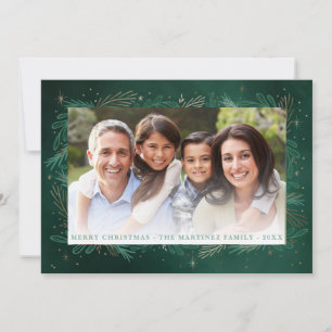Modern Green Gold Botanical Photo Chistmas Holiday Card
