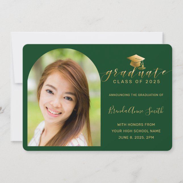 Modern Green Gold Cap Script Arch Photo Graduation Announcement (Front)