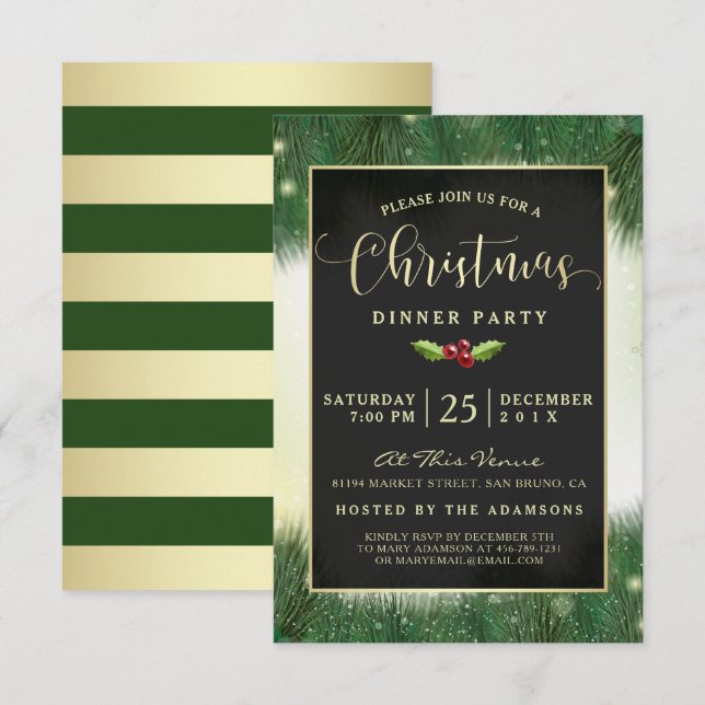 Modern Green & Gold Christmas Dinner Party Invites (Front/Back)