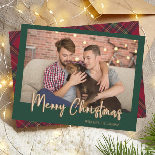 Modern Green & Gold Christmas Tartan Plaid Photo Holiday Card