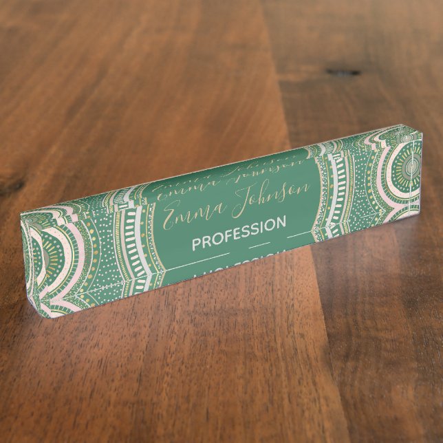 Modern Green Gold Geometric Mandala Nameplate (Side)