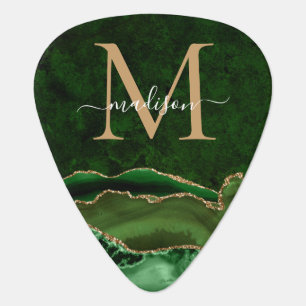 Modern Green Gold Glitter Agate Geode Monogram Guitar Pick