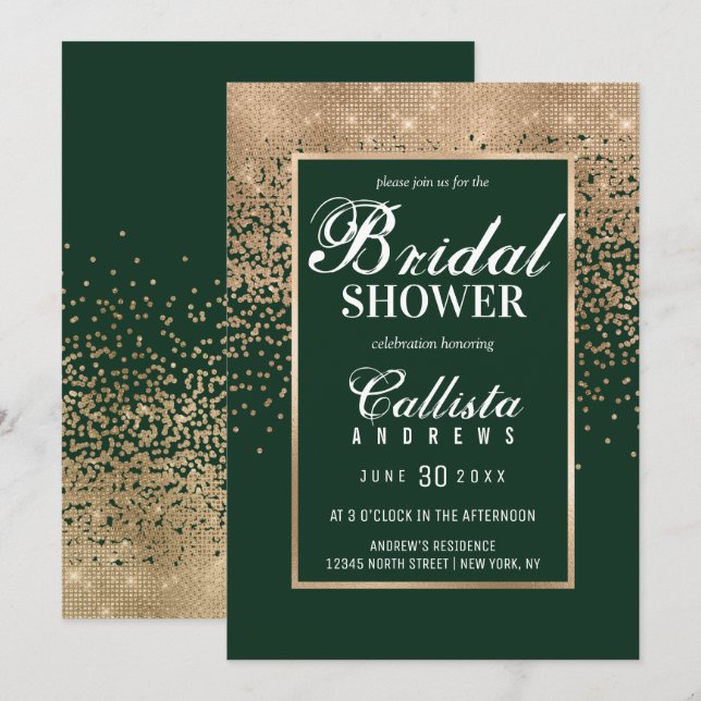 Modern Green Gold Glitter Confetti Bridal Shower Invitation (Front/Back)