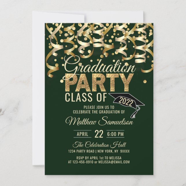 Modern Green Gold Glitter GRADUATION Party Invitation (Front)