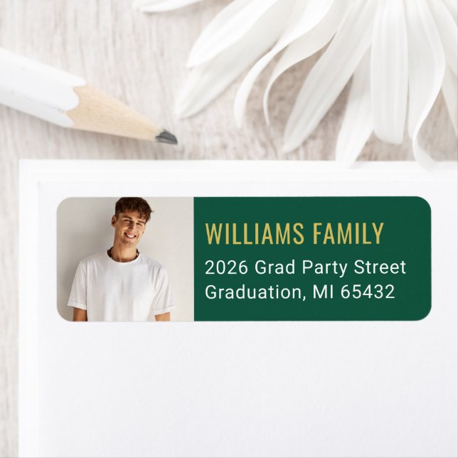 Modern Green Gold Graduation Photo Return Address (Insitu)