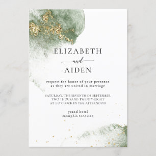 Modern Green Gold (imitation) Watercolor Invitation