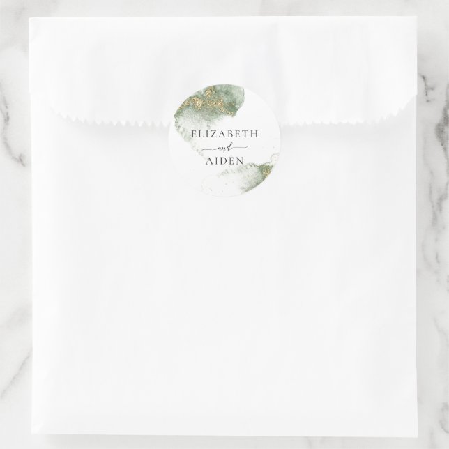 Modern Green Gold (imitation) Watercolor Wedding   Classic Round Sticker (Bag)