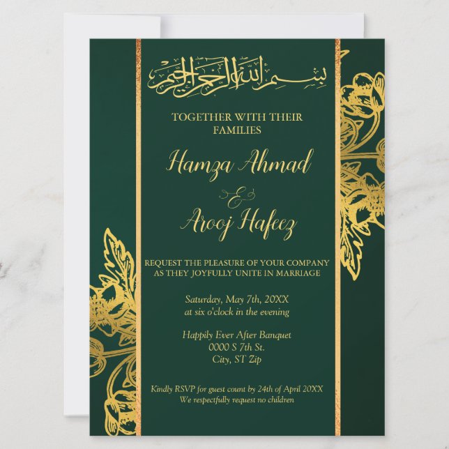Modern Green & Gold Islamic Muslim Wedding Invitation (Front)