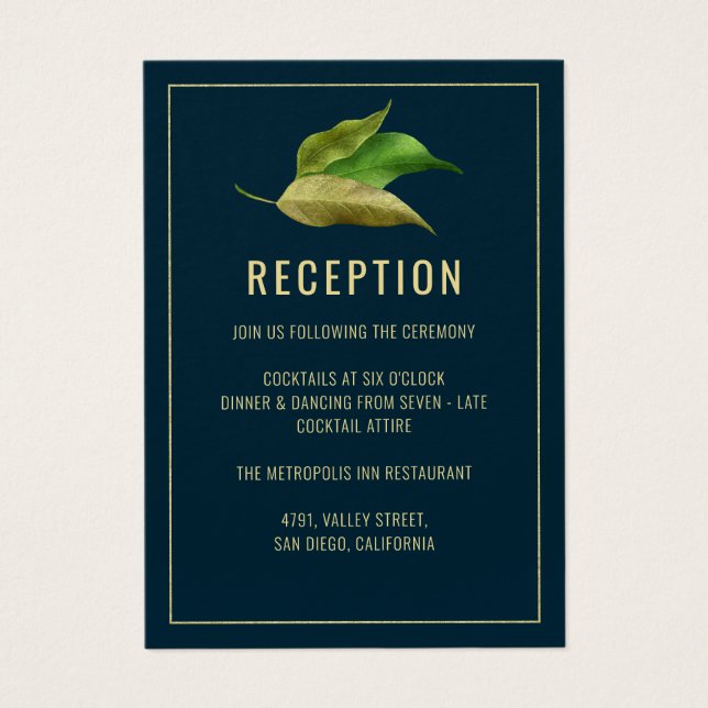 Modern Green Gold Leaves Wedding Reception Card (Front)