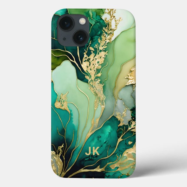 Modern Green Gold Marble Monogram Personalized Case-Mate iPhone Case (Back)