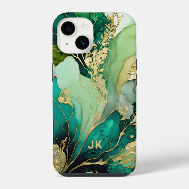 Modern Green Gold Marble Monogram Personalized iPhone Case (Back)