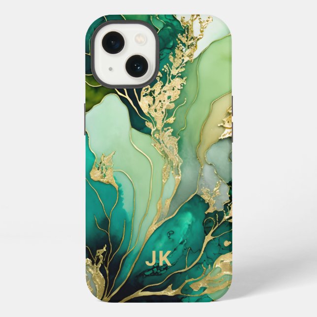 Modern Green Gold Marble Monogram Personalized iPhone Case (Back)