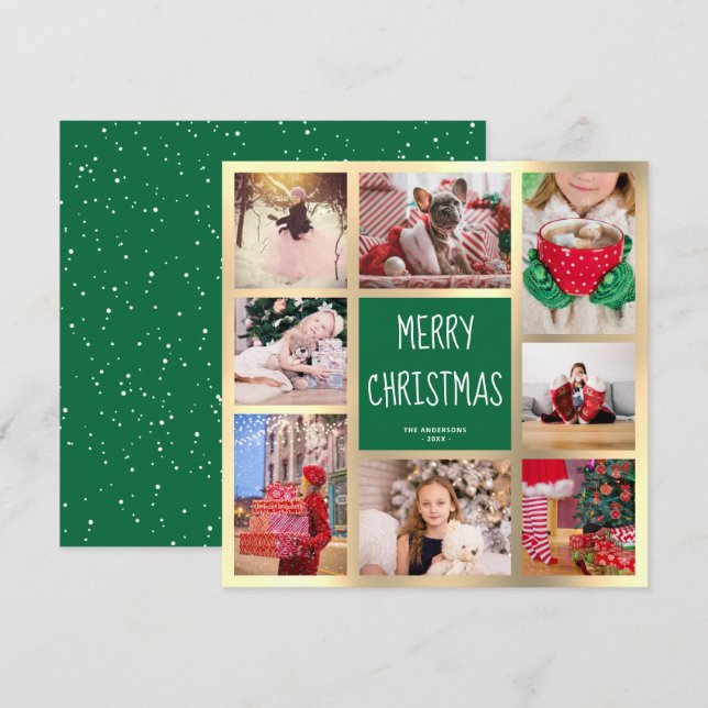 Modern Green & Gold Merry Christmas Photo Collage  Holiday Card (Front/Back)