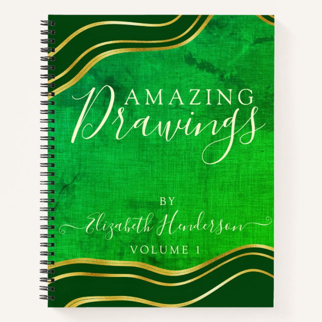 Modern Green Gold Personalized Drawing Sketchbook Notebook (Front)