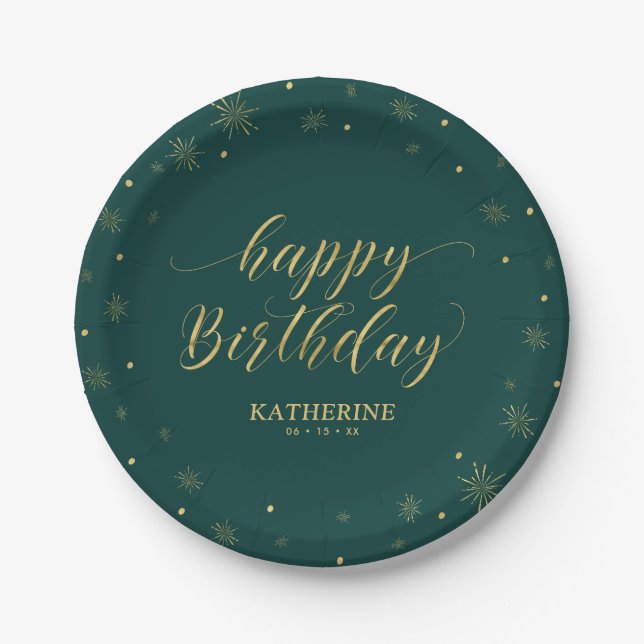 Modern Green & Gold Sparkle Happy Birthday Party Paper Plate (Front)