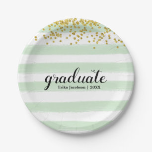 Modern Green & Gold Stripe Graduation Party Plates