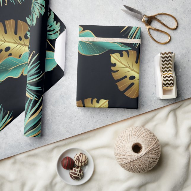Modern Green Gold Tropical Leaves Wrapping Paper (Crafts)