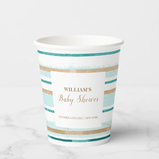 Modern Green Gold Watercolor Stripe Baby Shower  Paper Cups (Front)