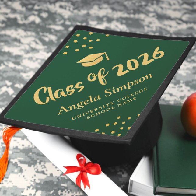 Modern Green Golden Accents Celebration Script Graduation Cap Topper (Creator Uploaded)