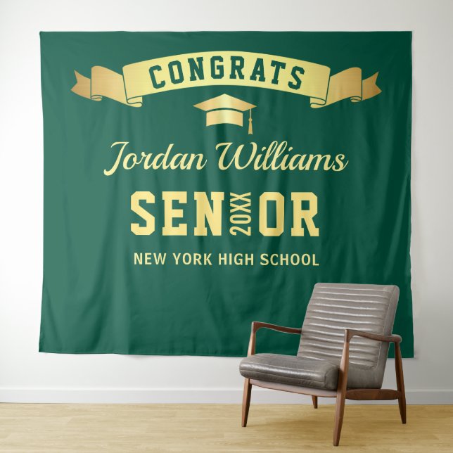 Modern Green Golden Graduation Photo Backdrop Tapestry (In Situ (Horizontal))