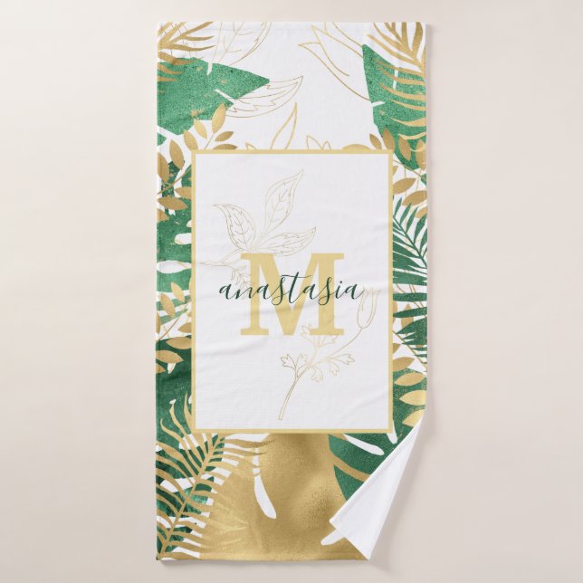 Modern Green Golden Tropical Leaves Monogram  Bath Towel Set (Bath Towel)
