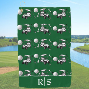 Modern Green Golf Balls and Cart Custom Monogram Towel