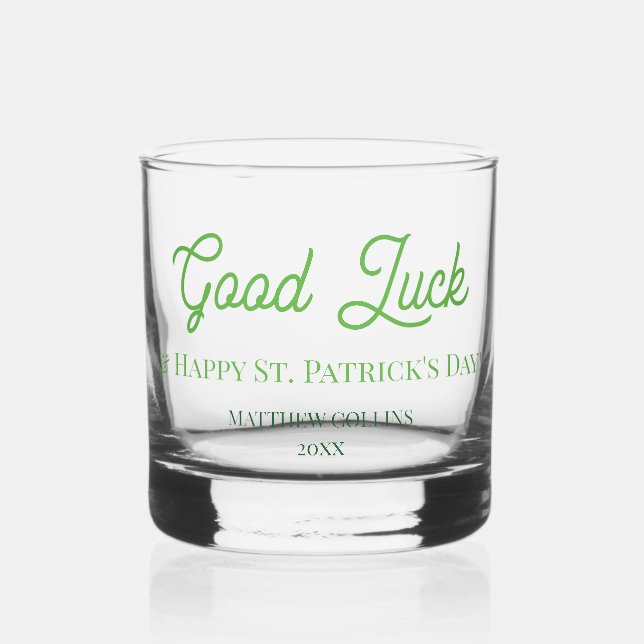 Modern Green Good Luck Happy St. Patrick's Day Whiskey Glass (Front)