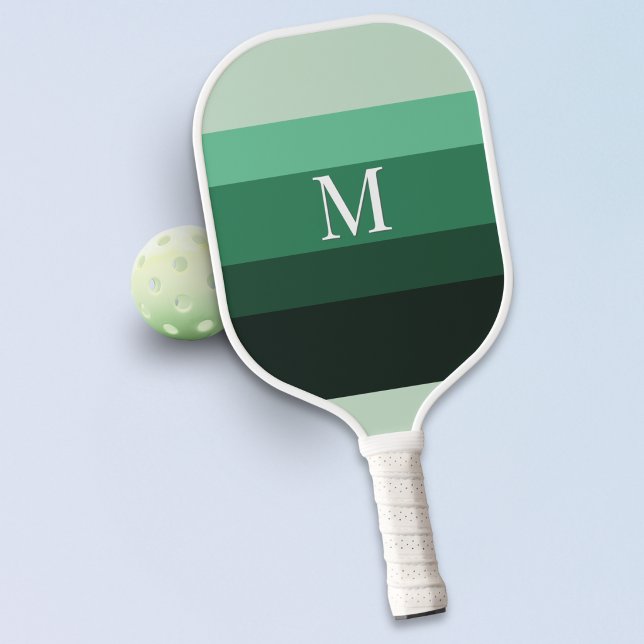 Modern Green Gradient Striped Monogram Pickleball Paddle (A stylish, monogrammed pickleball paddle, with a modern color block design of green gradient stripes)