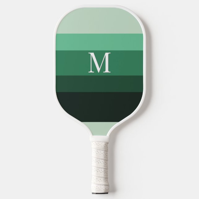 Modern Green Gradient Striped Monogram Pickleball Paddle (Front)