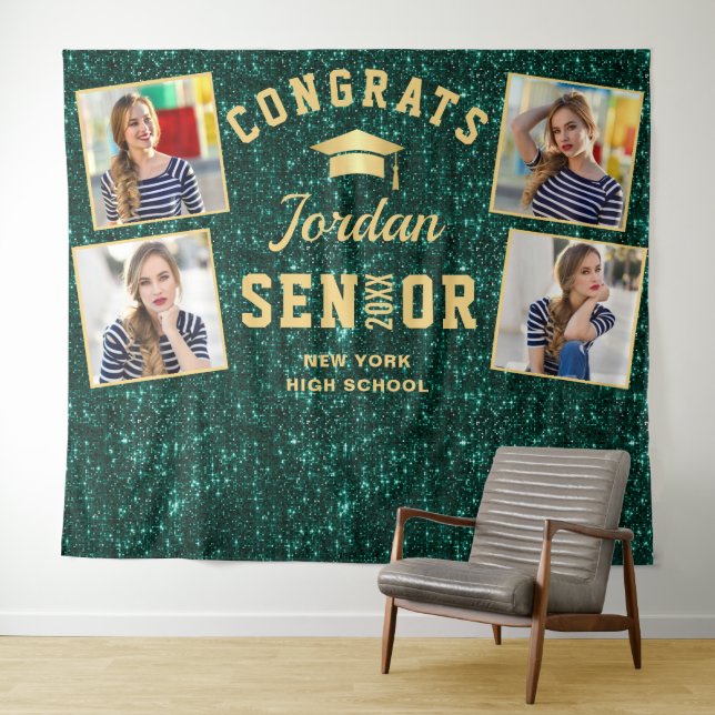 Modern Green Graduation 4 Photo Booth Backdrop Tapestry (In Situ (Horizontal))