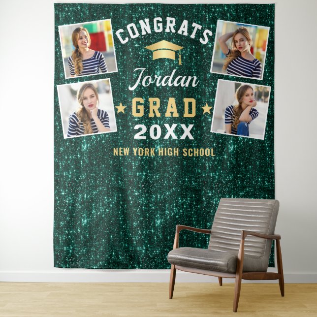 Modern Green Graduation 4 Photo Booth Backdrop Tapestry (In Situ)