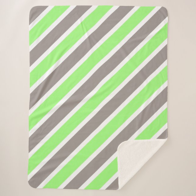 Modern Green Grey Diagonal Striped Pattern Sherpa Blanket (Front)