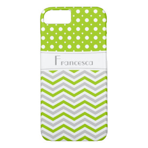 Modern green, grey, white chevron & polka dot iPhone 8/7 case