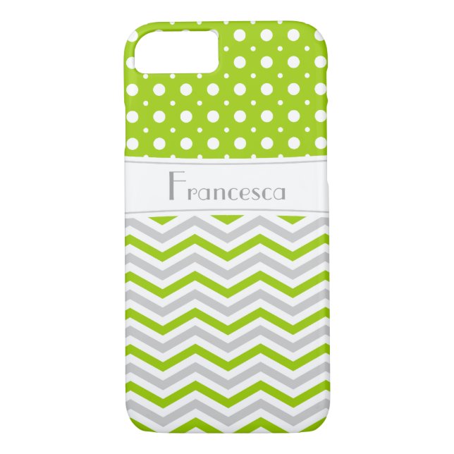 Modern green, grey, white chevron & polka dot Case-Mate iPhone case (Back)