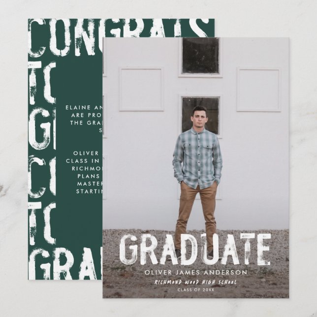 Modern green grungy photo graduation announcement (Front/Back)