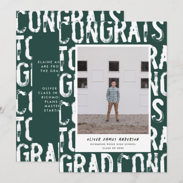 Modern green grungy photo graduation announcement (Front/Back)