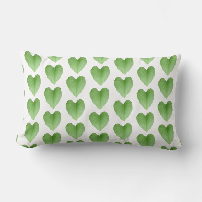 Modern Green Heart Leaf Pattern on White Lumbar Pillow (Front)
