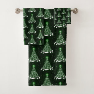 Modern Green Holiday Tree Motif Bath Towel Set