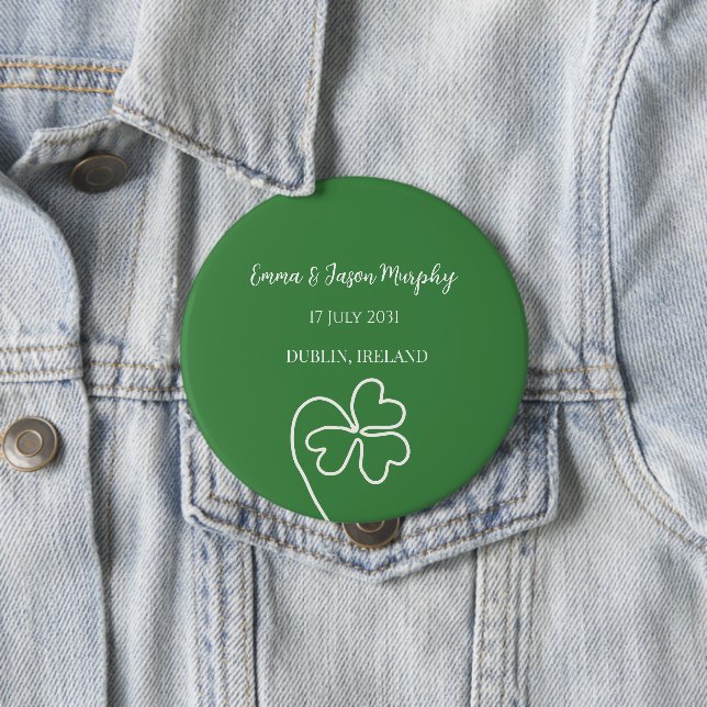  Modern Green Irish Clover Leaf Wedding   4 Inch Round Button (In Situ)