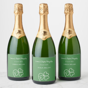 Modern Green Irish Clover Leaf Wedding Sparkling Wine Label